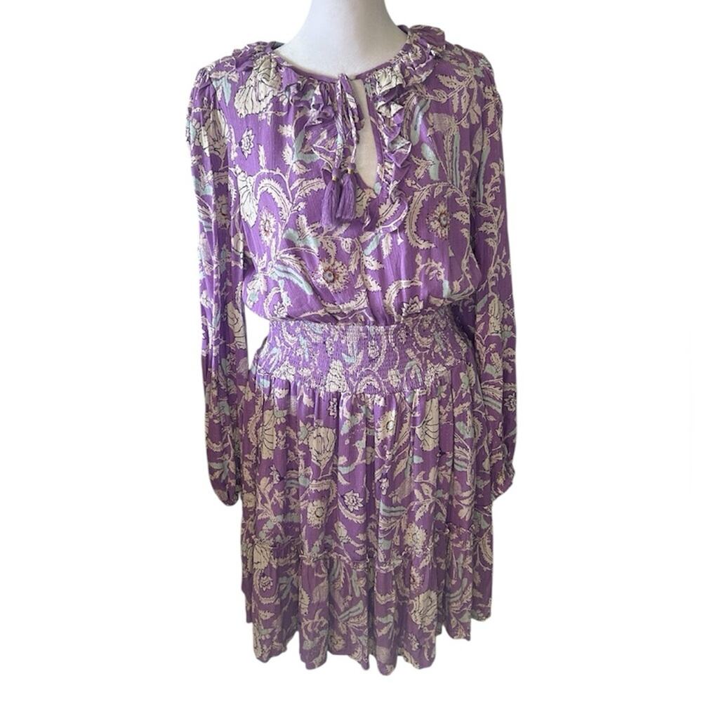 Haute Hippie lavender metallic gold floral ruffle Long sleeved boho mini Dress L